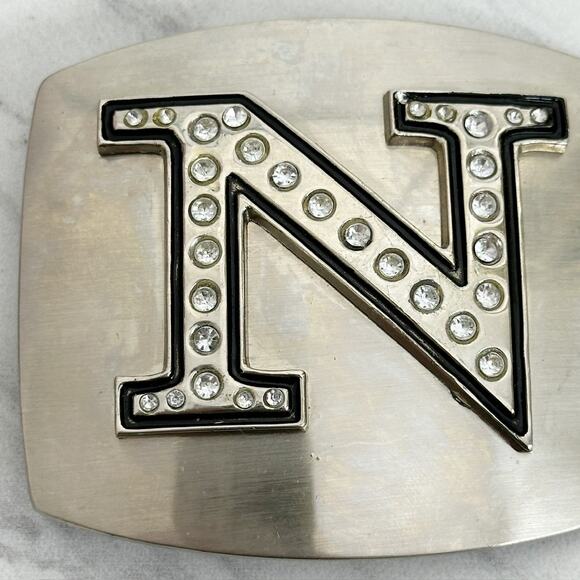 Rhinestone Studded N Letter Initial Monogram Silver Tone Belt Buckle - Picture 2 of 14